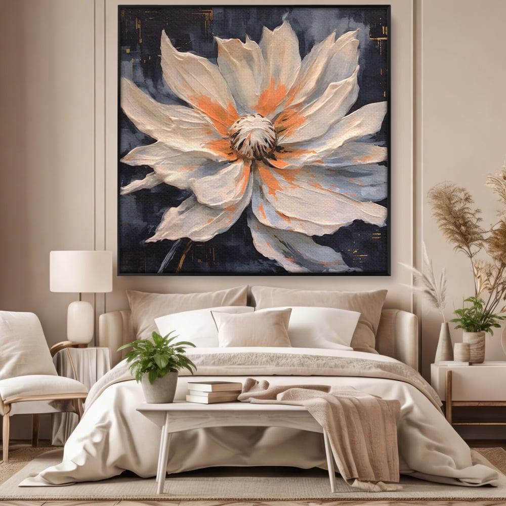 Tablou canvas cu tablou canvas cu floare texturata, in rama de aluminiu negru, pe perete intr-un dormitor